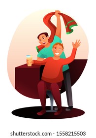 Cartoon fans character with alcohol drink, scarf watching football match in sport bar. Men rejoicing and celebrating team victory in national league. Championships. Goal scored. Vector illustration