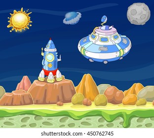 Cartoon fantastic landscape with spaceship vector illustration.