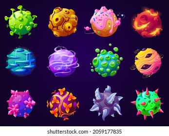 Cartoon fantastic planets. Colorful planet, space cool fantasy. Game design world, comic universe or galaxy elements. Magic tale garish vector objects