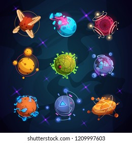 Cartoon fantastic planets. Fantasy alien planet objects for space game