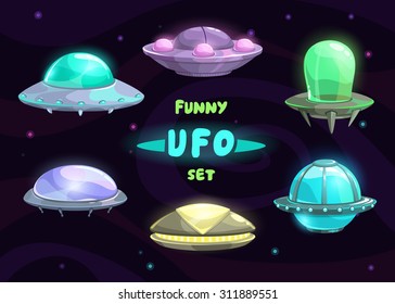 Cartoon fantastic ufo set, vector space collection