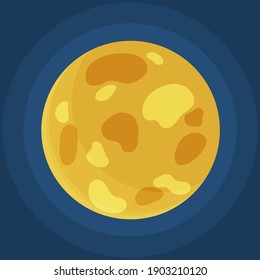 Cartoon fantastic yellow planet on dark blue space background. Cosmic object solar system astronomical element. Space game element vector objects round shape. Celestial body in orbit around a star