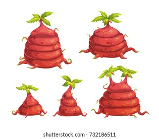 Cartoon fantasy alien monster plants with big red roots and green leaves. Vector nature elements set. Isolated on white background