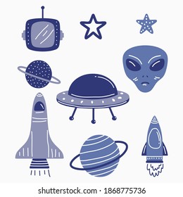 Cartoon fantasy alien planets set, funny elements for another universe design. Aliens and ufo vector objects isolated on white background. Cool cosmic collection for textile, phone case