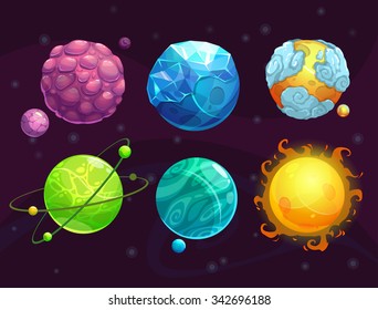 Cartoon fantasy alien planets set, funny elements for another universe design