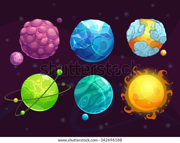 Cartoon fantasy alien planets set, funny elements\
for another universe\
design