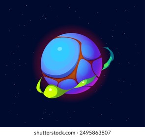 Planeta espacial extraterrestre de fantasía de dibujos animados, activo del juego de la galaxia con una superficie azul lisa envuelta por zarcillos verdes brillantes. Vector fantástico mundo desconocido, surrealista y cuerpo celeste esférico de otro mundo