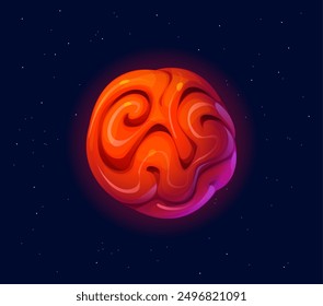 Fantasía de dibujos animados alienígena planeta espacial, activo de juego de galaxias. Vector misterioso cuerpo celeste con un patrón de remolino en su superficie. planeta en tonos de naranja y rojo, flotan en el cosmos exterior lleno de estrellas oscuras