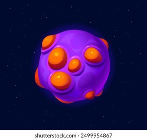 Planeta espacial alienígena de fantasía de dibujos animados, activo de juego de galaxias con superficie púrpura salpicada de vibrantes protuberancias naranjas. El cuerpo celeste único del Vector en el cielo estrellado de la noche transmite una sensación de maravilla y exploración