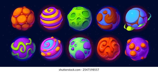 Cartoon fantasy alien space planets, galaxy game asset. Vector set of fantastic, sci fi gui objects. Cosmic world spheres, celestial bodies with rings, craters and bright terrain surface