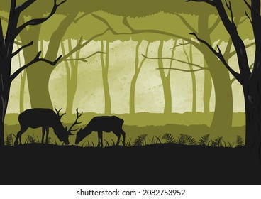 cartoon fantasy black and green leafy forest landscape with two deers eating, vector poster with nature