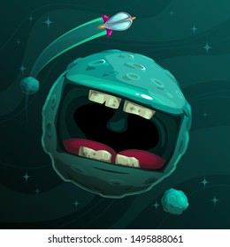 Cartoon fantasy blue monster planet with giant scary mouth on cosmic background. Funny enemy alien space element for game design. Vector illustration.