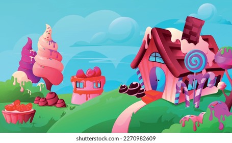 Fantasía de caricatura paisaje de caramelos fondo de la tierra con dulce casa y árboles ilustración vectorial