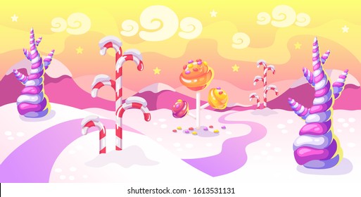 Cartoon fantasy candy land location. Sweet world background with candy trees and mountains in winter time. Vector illustration.