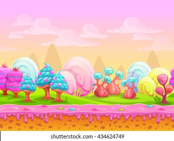 Cartoon fantasy candy land location, sweet world, seamless background with separated layers for parallax effect in game design, vector illustration