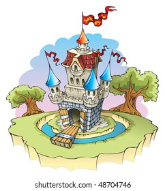 Cartoon Fantasy Castle, Surrounded By Water Moat, Vector Illustration