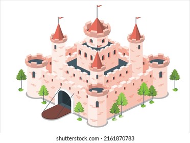 Cartoon fantasy castles, fairytale isolated castle or palace with towers, vector medieval fort or fortress. Fairy tale kingdom house building, castles with flags on books or sky clouds