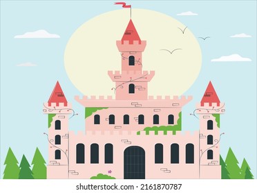 Cartoon fantasy castles, fairytale isolated castle or palace with towers, vector medieval fort or fortress. Fairy tale kingdom house building, castles with flags on books or sky clouds