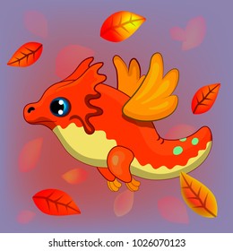 Cartoon fantasy comic dragon character. Bright orange and yellow little monster flying with angel wings. Little cute cartoon flying through autumn fog, wind  and fallen leaves. 