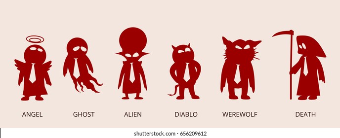 Cartoon fantasy creatures character icons set. Funny business people as fantastic beings. Angel, Diablo, Ghost, Death, Alien, Werewolf. Use for presentations.