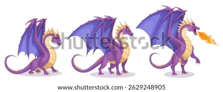 Cartoon fantasy dragon characters set. Mythological creature sleeping, awakened and breathing with fire vector illustration. Purple and yellow fairy reptile with wings, tail, paws, claws and teeth 
