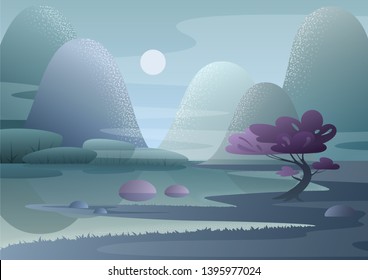 Cartoon fantasy foggy morning Japanese landscape of beautiful fabulous nature with mountains, lake, hills, trees, bushes. Vector flat traditional asian landscape in fog for game, card, poster.