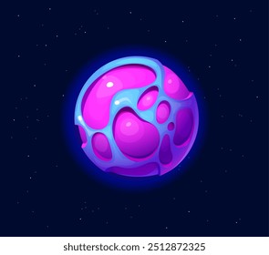 Cartoon fantasy galaxy alien pink and blue space planet with glossy texture, bright colors and smooth, bubble-like formations on its surface. Vector celestial body game asset at starry sky background