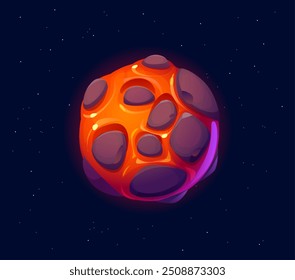 Cartoon fantasy galaxy alien space planet. Vector fiery orange sphere with rounded bumps float in star-filled night sky. Extraterrestrial world with glowing, molten-like texture, futuristic game asset