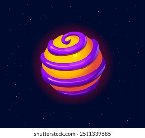 Cartoon fantasy galaxy alien space planet with yellow surface and purple swirls, floating at starry space. Vector spherical object radiates warm glow, enhancing its otherworldly, fantastical nature