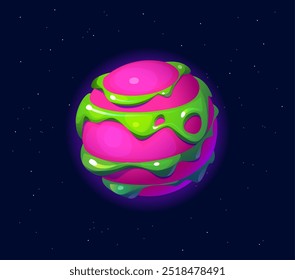 Cartoon fantasy galaxy alien space planet. Vector vibrant pink and green whimsical, otherworldly sci fi celestial sphere with liquid-like surface and toxic drips, floating against a starry backdrop