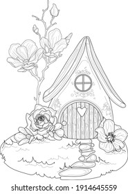 Cartoon fantasy graphic elf house with roses and magnolia flowers sketch template. Magic hobbit home vector illustration in black and white for games, decor. Coloring paper, page, story book, print svg
