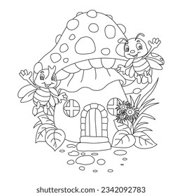 Cartoon fantasy graphic fairy house with tress and template, magic hobbit home vector illustration in black and white for games, decor, coloring book pages,line draw, line art, coloring pages,kids 