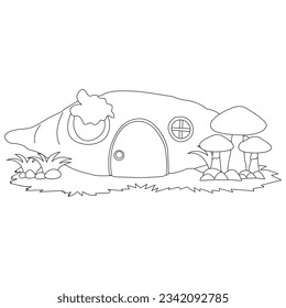 Cartoon fantasy graphic fairy house with tress and template, magic hobbit home vector illustration in black and white for games, decor, coloring book pages,line draw, line art, coloring pages,kids  svg