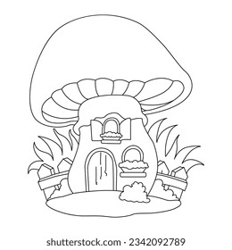 Cartoon fantasy graphic fairy house with tress and template, magic hobbit home vector illustration in black and white for games, decor, coloring book pages,line draw, line art, coloring pages,kids 