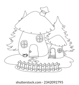 Cartoon fantasy graphic fairy house with tress and template, magic hobbit home vector illustration in black and white for games, decor, coloring book pages,line draw, line art, coloring pages,kids 