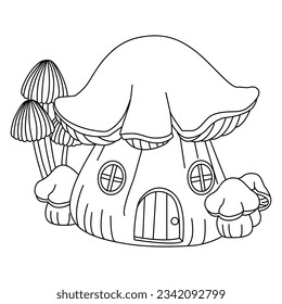 Cartoon fantasy graphic fairy house with tress and template, magic hobbit home vector illustration in black and white for games, decor, coloring book pages,line draw, line art, coloring pages,kids 