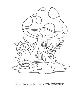 Cartoon fantasy graphic fairy house with tress and template, magic hobbit home vector illustration in black and white for games, decor, coloring book pages,line draw, line art, coloring pages,kids  svg