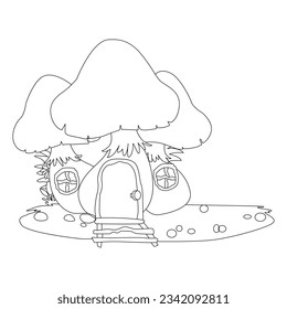 Cartoon fantasy graphic fairy house with tress and template, magic hobbit home vector illustration in black and white for games, decor, coloring book pages,line draw, line art, coloring pages,kids 