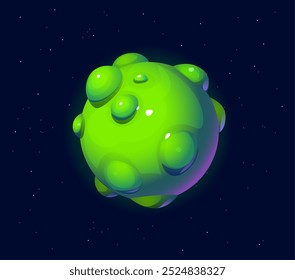 Fantasia de desenhos animados galáxia verde planeta espaço alienígena, coberto com inúmeras protuberâncias esféricas brilhantes. Vetor brilhante corpo celeste flutuar em um céu escuro e estrelado. Mundo extraterrestre lúdico e imaginativo