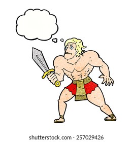 cartoon fantasy hero man with thought bubble