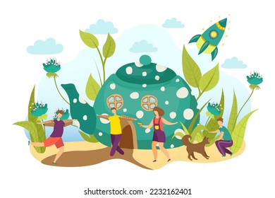 Cartoon fantasy home for children, vector illustration. Drawing teapot house at colorful nature landscape background. Funny kid playing outdoors