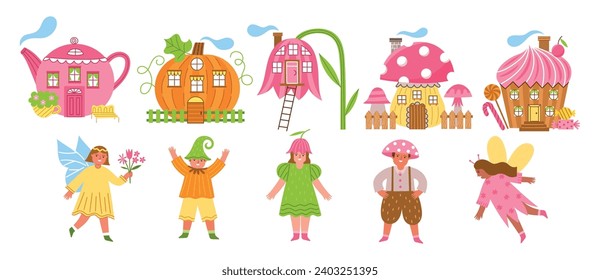 Cartoon fantasy houses for fairies. Cute magical creatures, dwarves, elves, fabulous shapes funny building, cake, flower, teapot, vector set.eps
