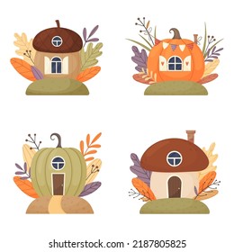 Cartoon fantasy houses for fairies, elves, gnomes. Mushroom, pumpkin and acorn cute fairy houses