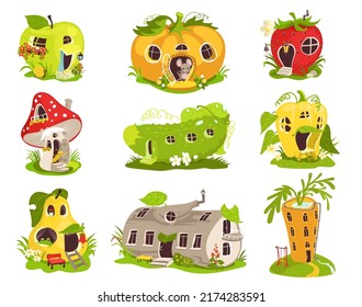 Cartoon fantasy houses. Fairy tales magical homes. Little dwellings. Fruits or vegetables with doors and windows. Imaginary small characters cottages. Fantastic huts