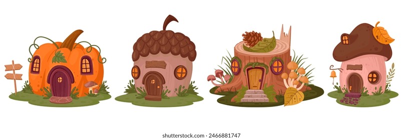 Cartoon fantasy houses. Fairytale cute mushroom, pumpkin and acorn cabins flat vector illustration set. Magic world houses collection