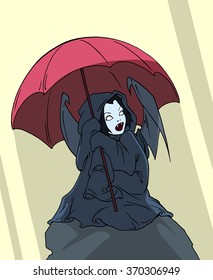 cartoon fantasy illustration of a pretty vampire girl caught under the umbrella in the bright day light