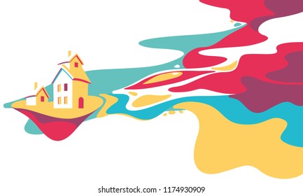 cartoon fantasy landscape illustration, village house and river, dreamland, fantasy world