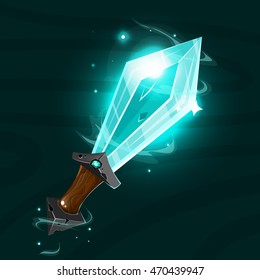 Cartoon fantasy magic blue sword.Vector fairy illustration. Game elements. 