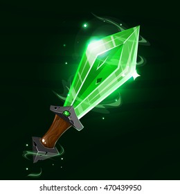 Cartoon fantasy magic green sword.Vector fairy illustration. Game elements. 