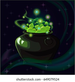 Cartoon fantasy magic icon for computer game. Witch pot on dark background, gaming object for app. Vector illustration.